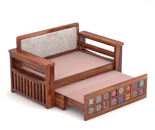 Image of Solid Wood Sofa Cum Bed with Decorative Tile Design | Modern Pull-Out Wooden Diwan Bed with Cushioned Seating | Convertible 2 Seater Sofa Bed for Living Room (Honey Finish)