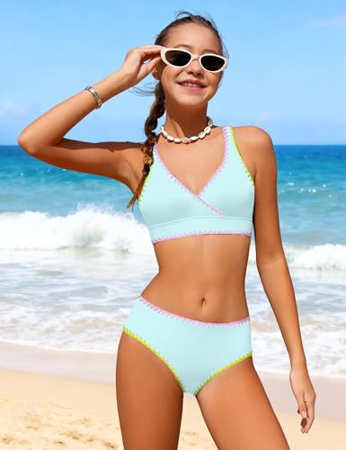 Image of KANGKANG Girls Swimsuit Bikini Set Solid Color V-Neck Two Piece Bathing Suit with Chest Pad Adjustable Straps Swimwear 7-16T