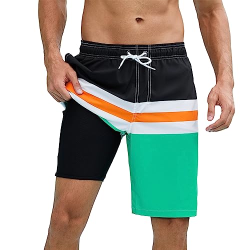 Arcweg Mens Swim Trunks with Compression Liner 9 inch 2 in 1 Shorts Big and Tall,Quick Dry, Black White Orange Blue
