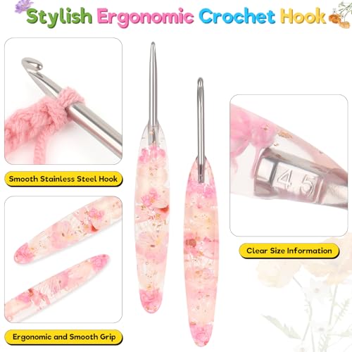 Image of Katech 4.5mm Crochet Hook for Arthritic Hands,Hand-Polished Stainless Steel | Ergonomic Crochet Hooks with Customized Sparkle Dried Floral Grip, Smooth Tapered Hook-Crochet Gift for Beginner & Crocheter