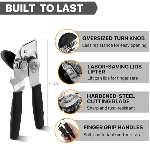 Can Opener Manual Heavy Duty, UHIYEE Hand Held Can Opener for Seniors, Solid Steel Manual Can Openers with Comfort Grip Sharped Blade, Easy Turn Hand Can Opener with Magnet for Kitchen Camping, Black by UHIYEE - Image 2