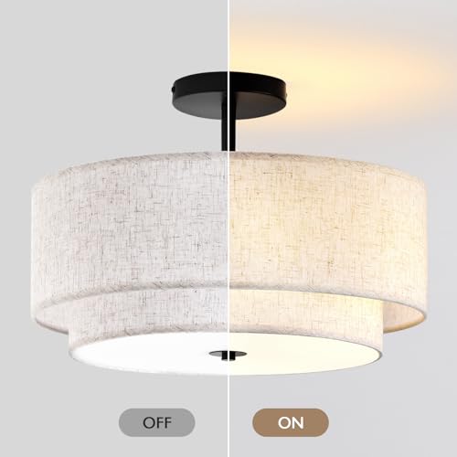 Image of CALOKES 16 inch Double Drum 3-Light Semi Flush Mount Ceiling Light, Classic Fabric Linen Shade Design for Living Room, Bedroom, Kitchen, Dining Room, Hallway and Entryway