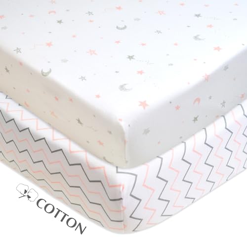 Image of American Baby Company 2 Pack Fitted Crib Sheets 52x28 inch, Pink Stars /Zigzag | 100% Natural Cotton Crib and Toddler Bed Sheets, Soft, Breathable & Hypoallergenic, Gentle on Skin, Neutral for Boys & Girls