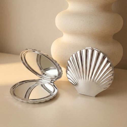 Novabright 1 Pcs 2.7 Inch Sea Shell Compact Mirror Double-Sided Makeup Small Mirror for Purse with 1x/2x Magnification for Travel Bathroom Makeup Beauty Grooming (Sliver)