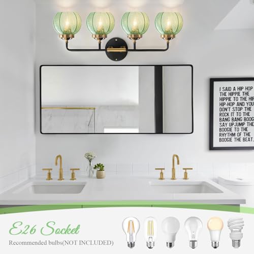 Image of Modern Vanity Light Bathroom 4-Light Fixtures Emerald Green Glass | Vintage 5.9inch Globe Shade Vanity Table Indoor Deco Lighting Black Gold Finish E26 Base, Mirror Over , Kitchen, Cabinet