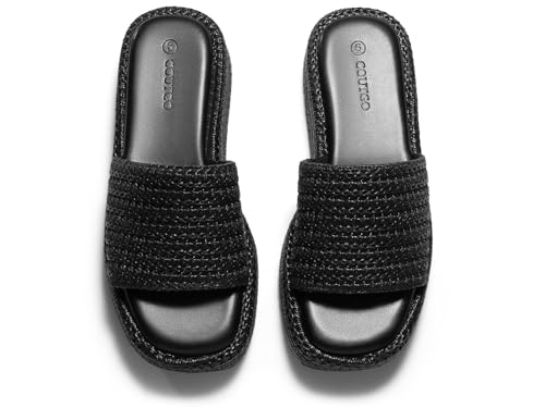 Coutgo Womens Platform Sandals Raffia Espadrilles Slip on Open Toe Cute Boho Summer Beach Slide Sandals, Black Raffia, Size 10 — view 5