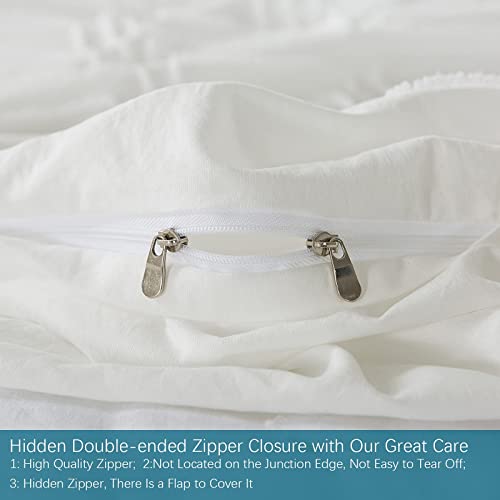 Lamourbear Jacquard & Tufted Duvet Cover Full Size White Bedding Set, All Seasons Comforter Cover, With Double-End Sliders Zipper Closure, 8 Ties, 3 Piece (2 Pillowcase, 1 Duvet Cover), F White #TOP3
