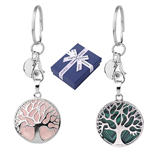 SNOWZAN Árbol de la vida Rosa Cristal Malaquita Llavero Piedra natural Árbol de la vida Llavero Piedras preciosas naturales Llavero Piedras preciosas Llavero Llavero Deco Chakra Cover