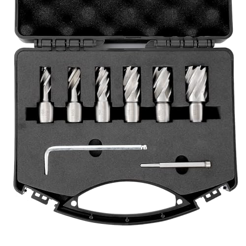 Image of 6 PC Annular Cutter Set, 1 inch Cutting Depth, 1 /2 inch to 1-1 /16 inch Cutting Diameter, HSS Mag Drill Bits Kit with Pilot Pin & Portable Case, Universal Shank Mag Drill Bits for Magnetic Drill Press