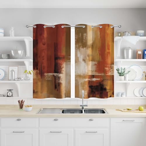 Image of Asuexpect Burnt Orange Kitchen Curtains 2 Panels Abstract Rust Curtain Room Darkening Grommet Window Drapes Modern Decorative Window Treatments, 26x36 Inches