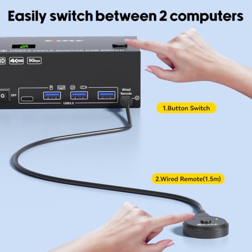 Image of KVM Switch 3 Monitors 2 Computers EDID Simulation,4K@60Hz HDMI Displayport Triple Monitor KVM Switch,3 Monitor KVM with 4 USB 3.0 Ports for Keyboard Mouse, Wired Remote and 2 USB3.0 Cables Included
