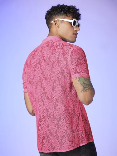 WDIRARA Men's Floral Lace See Through Button Front Short Sleeve Shirt Summer Tee Top Hot Pink XX-Large3