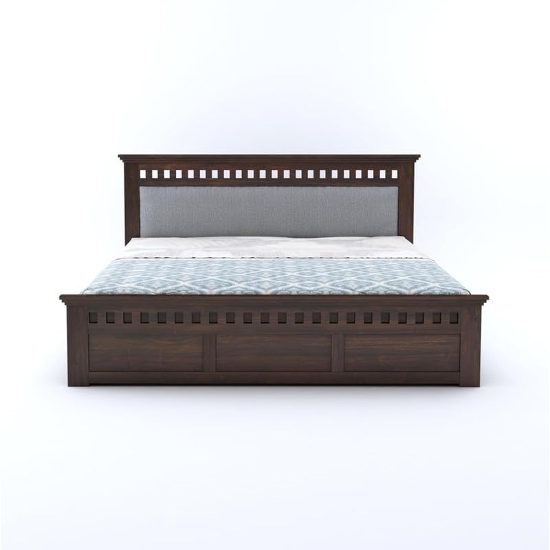 Image of Amazon Brand - Solimo Solid Sheesham Wood Kuber King Size Upholstered Bed with Box Storage + 2 Bedside | Wooden King Size Cot Bed | Double Bed with 2 Bedside Furniture for Bedroom (Walnut Finish)