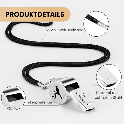 Trillerpfeife Personalisiert aus Edelstahl mit Wunschgravur & Schlüsselband, Schiedsrichter Pfeifen Laut Notfall mit Namen, Personalisierte Geschenke für Fußball Sport, Trainer, Schiedsrichter, Lehrer