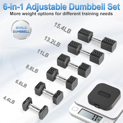Image of Hezeyferg 30.8LB Adjustable Dumbbell Set, Hand Weights Set for Home Gym | Each Adjustable Weight Dumbbell with 6 Levels 4.4 /6.6 /8.8 /11 /13.2 /15.4lb, for Women /Men Full Body Workout