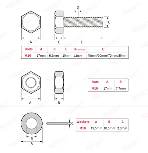 YEEZET M10 40 mm 50 mm 70 mm 80 mm 304 Stainless Steel Hex Bolts, Washers, Spring Washers & Nuts Assortment Kit, Pack of 12 - Image 4