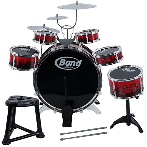 The Magic Toy Shop Large Kids Drum Set - Red & Black Junior Jazz Percussion Kit with 6 Drums, 3 Cymbals, Stool & Pedal - Beginner Musical Instrument Toy for Boys & Girls Age 3+