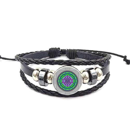 Preisvergleich Produktbild Buddhistisches Sri Yantra Retro Art-Schmucksachen mit Glascabochon-Schwarz-Lederarmband-Arm... für Liebhaber-beste Freundschaft