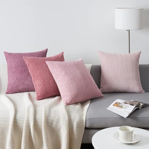 Image of Topfinel Throw Pillow Cover 4pc Set - Multi Pink Combo - 26 inch x 26 inch Solid Cozy Corduroy Square Accent Decorative Cushion Case for Couch Sofa Chair Bed & Home, Only Covers