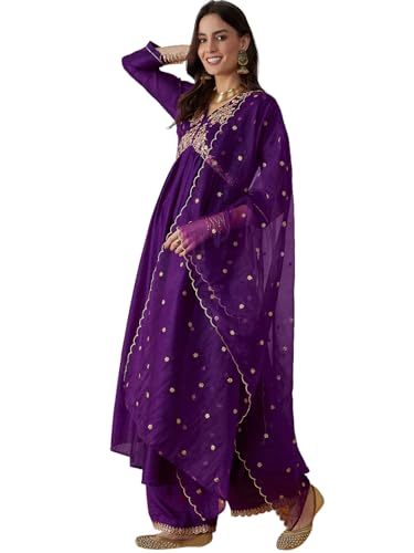 Image of SheWill Women's Vichitra Zari Sequence Embroidery Alia Cut Kurta with Palazzo Dupatta Set