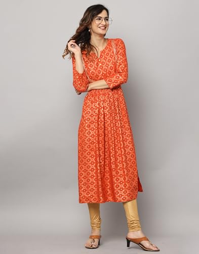Image of Gold Print Kurta with Gota Lace on Front Yoke, Bottom Hem & Sleeve