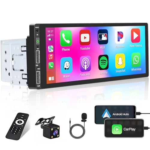 Radio de Coche 1 DIN CarPlay Android Auto 6,9 Pulgadas Táctil Pantalla Bluetooth con Autoradio FM Mirror Link USB SWC Cámara Trasera