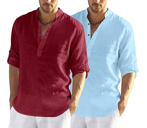 Image of FINIVO FASHION Men's Cotton Blend Solid Full Sleeve Combo Short Kurta Shirt, Regular Fit Solid Pattern Mandarin Collar Straight Kurta Shirt