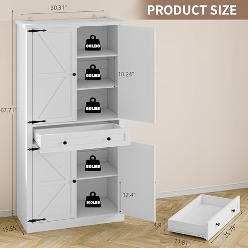 Image of BORNOON Pantry Organizers and Storage Cabinet, 67.7 inch Barn Door White Kitchen Cabinet with Drawers and Adjustable Shelf, Tall Pantry for Kitchen, Dining Room, Living Room