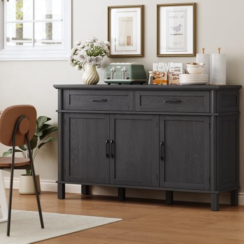 Image of ONBRILL 55 Inch Buffet Cabinet with Storage, Farmhouse Sideboard Buffet w /2 Drawers and 3 Doors, Wood Coffee Bar Cabinet with Adjustable Shelves, Sideboard Storage for Kitchen, Living Room, Black