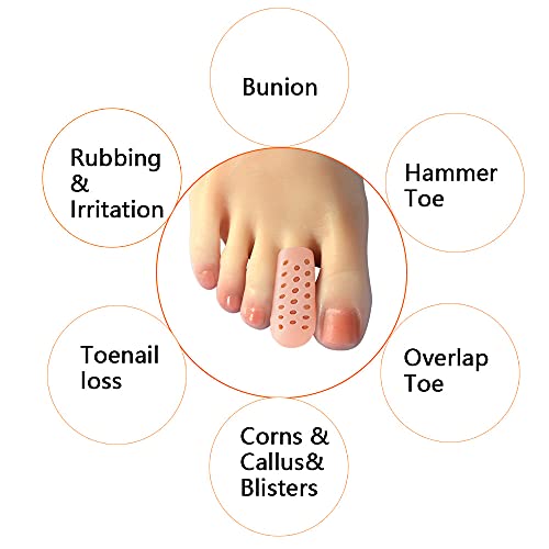 Image of Hoogoo Gel Middle Toe Caps, 10 Pcs Beige Breathable Toe Protector Toe Cover Sleeves with Holes, Provides Relief from Corns, Blisters, Hammer Toes, Reduce Friction