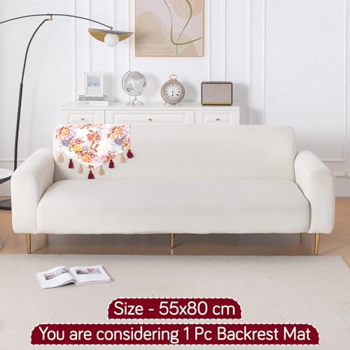 Image of HOKIPO Premium Sofa Backrest Cover Mat | Printed Holland Velvet with Tassels | 'Whispers of Nature' Vintage Rose Bloom (IN-1116-D12)