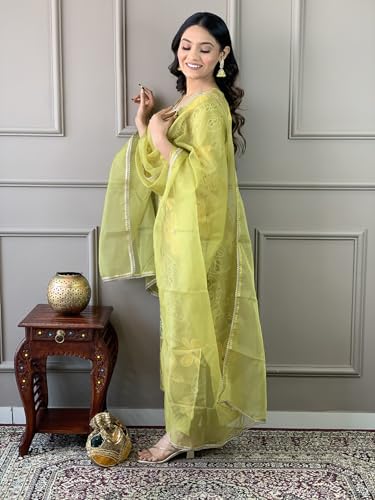 Image of Naixa Women's Lemon Rayon Blend Embroidered and Printed Straight Kurta with Rayon Blend Pant and Organza Dyed Dupatta Sets (NX-510)
