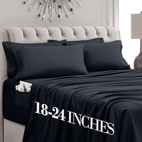 Image of Mocassi Luxury 6-Piece Sheet Set, Ultra Soft 1800 Premium Hotel Quality Microfiber Sheet Set, Fits Mattresses Up to 18 to 24 Inches Extra Deep Pocket - Breathable and Secure Fit, Full, Black