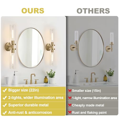 Image of Wall Sconces Set of Two, Hardwired Brass Bathroom Sconces Wall Lighting with Clear Glass, Modern Sconces Wall Decor Set of 2 Vanity Light fixtures for Bathroom Mirror Bedroom (Bulbs Not Included)