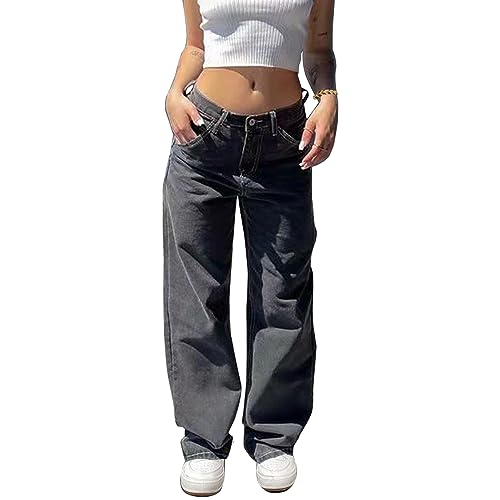 Women's Boyfriends Baggy Jeans Straight Leg Low Rise Vintage Long Denim Pants Flap Pocket Girls Y2K Cargo Jeans