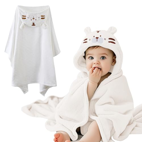 Image of Baby Hooded Towel - Ultra Soft Coral Fleece Bath Towel for Newborn to Toddler (0-5 Years), 32 inch x 50 inch Large Super Absorbent Kids Beach Swim Poncho - Tiger White