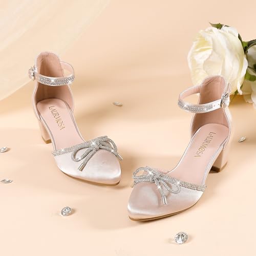 Image of LAURMOSA Girls Sandals Closed Toe High Heels Pointed Toe Ankle Strap Pumps Flower Girl Dressy Shoes in Wedding Party Cute Bowknot Chunky Block Heeled for Little Big Kids