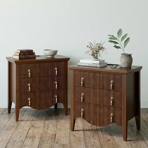 Image of FUSUNBAO Set of 2 Nightstands with Charging Station&3 Fluted Drawers,Walnut | Vintage Bedside Table, 3 Fluted Drawers and Open Shelf, Rustic End Table, Power Outlet and USB Ports, For Bedroom