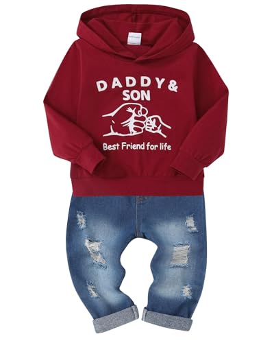 SOLOYEE Baby Boys Outfits Clothes Sets Infant Fashion 2 Pcs Letter Pattern Long Sleeve Hooded Sweatshirt and Jeans Pants 4-5 Years, Red