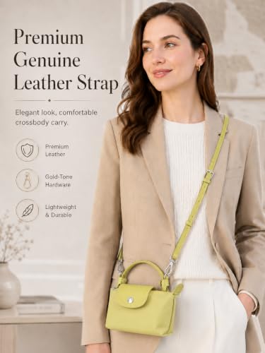Image of Purse Organizer Insert & Leather Strap Conversion Kit Set, Compatible with Longchamp Le Pliage Mini Bag - Felt Inner Liner & Adjustable Shoulder Strap,Beige Insert & Lime Strap