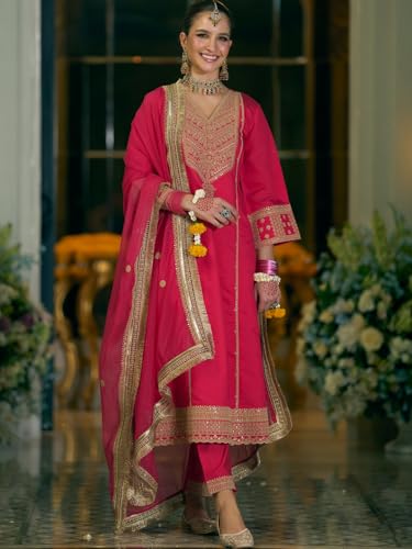Image of INDO ERA Women's Silk Blend Ethnic Motifs Embroidered A-Line Kurta & Pant with Dupatta Set (IEOUT12437)