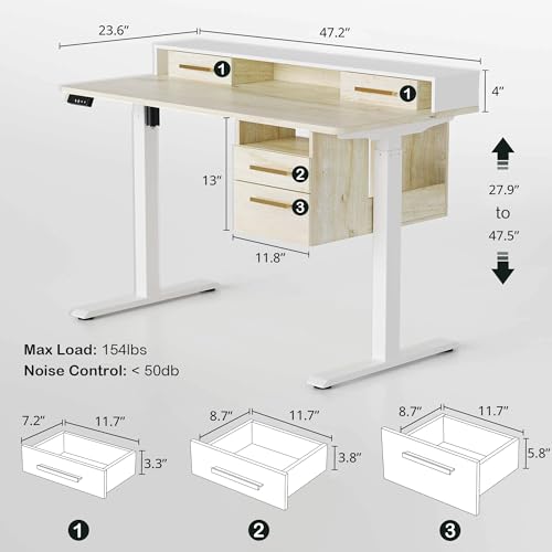 Light Walnut Electric Height Adjustable Standing Desk with 4 Drawers & Open Shelf