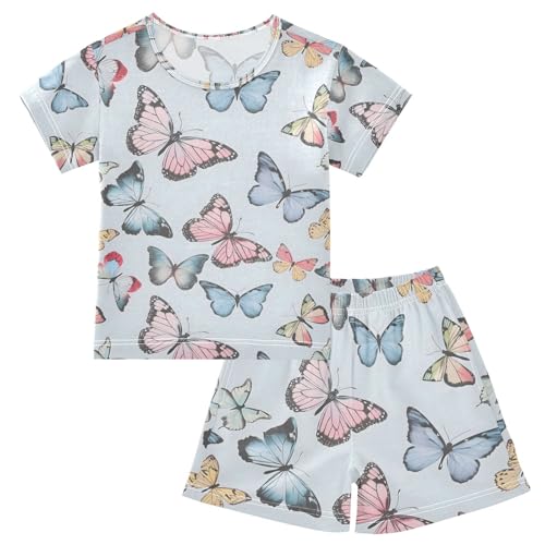 ALAZA Blue Butterfly Cartoon Pajamas Set Short Sleeve Cotton Sleepwear Summer Pjs 2 Piece 5-14Y