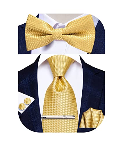 Image of Hi-Tie 5Pcs Mens Solid Color Silk Tie Satin Pretied Bowtie Lapel Pin for Men Handkerchief Cufflink Wedding Gift Box
