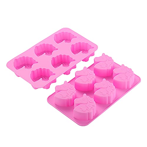 Vpqnee Paquete de 2 moldes de silicona grandes y gruesos con 6 cavidades grandes en forma de unicornio para hacer chocolate, gelatina, cubitos de hielo, dulces, pasteles, arcilla y jabón