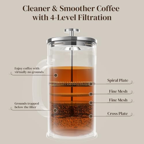 Image of Veken French Press Coffee Maker,No Plastic Touching Cafe,34oz 1L Cafetera | Heat Resistant Thickened Borosilicate Glass Stainless Steel Brewer, Cold Brew Pot for Kitchen,Travel,Camping,Tea,Gifts,Silver