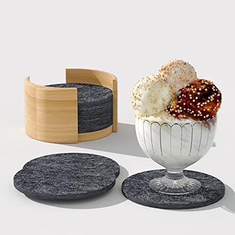 Intirilife Set of 10 Practical Felt Coasters with Wooden Holder in Dark Grey - For Glasses Cups Bottles Bowls and More Cover