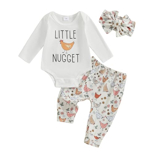 Image of Filgriox Newborn Baby Girl Outfits 3Pcs Set Chicken Print Long Sleeve Romper and Pants with Headband Fall Winter Clothes