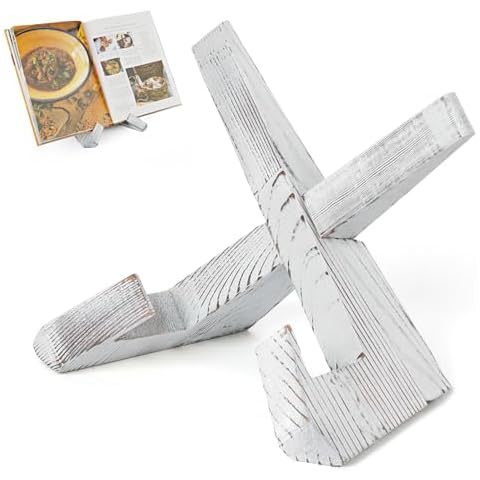 PUERSI Cookbook Stand for Kitchen, Recipe Book Holder for Kitchen Counter, Wooden Cookbook Holder, Rustic Cook Book Holder Stand - Farmhouse White Cover