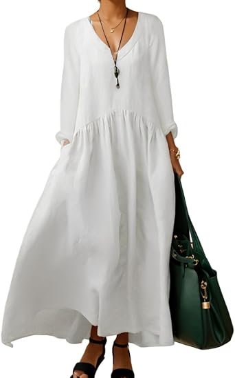 Womens Casual Cotton Linen V Neck Long Sleeve Maxi Dress Spring Summer Loose Flowy Tiered Tshirt Dresses with Pockets